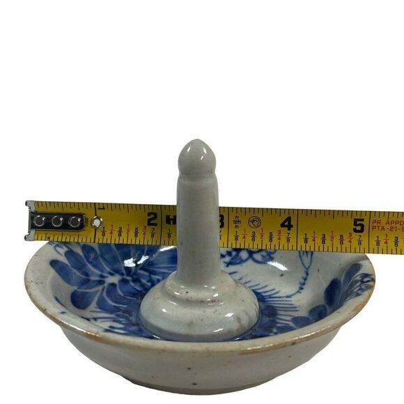 Blue Vintage Ring Holder Pottery Oriental Asian Chinese Jewelry Dish Tray Floral - Picture 6 of 6